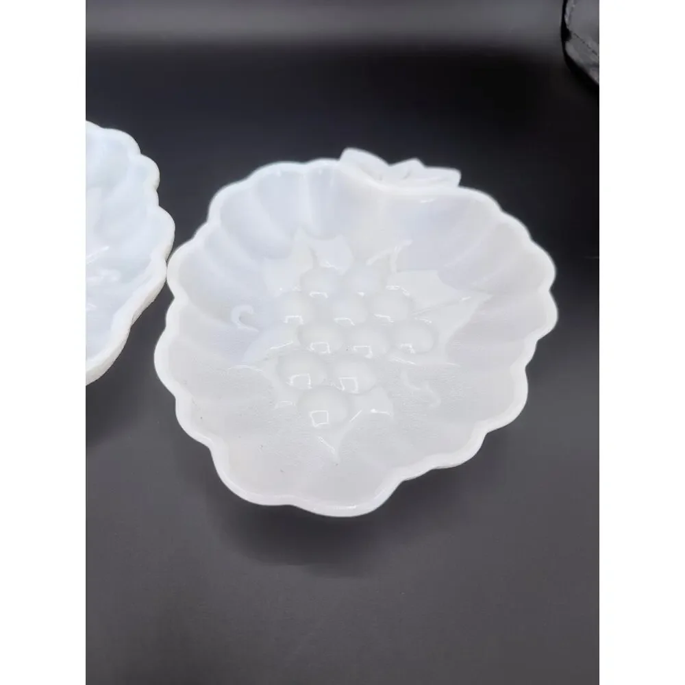Vintage Hazel Atlas Milk Glass Grape Cluster Relish Candy Dishes Pair 7in